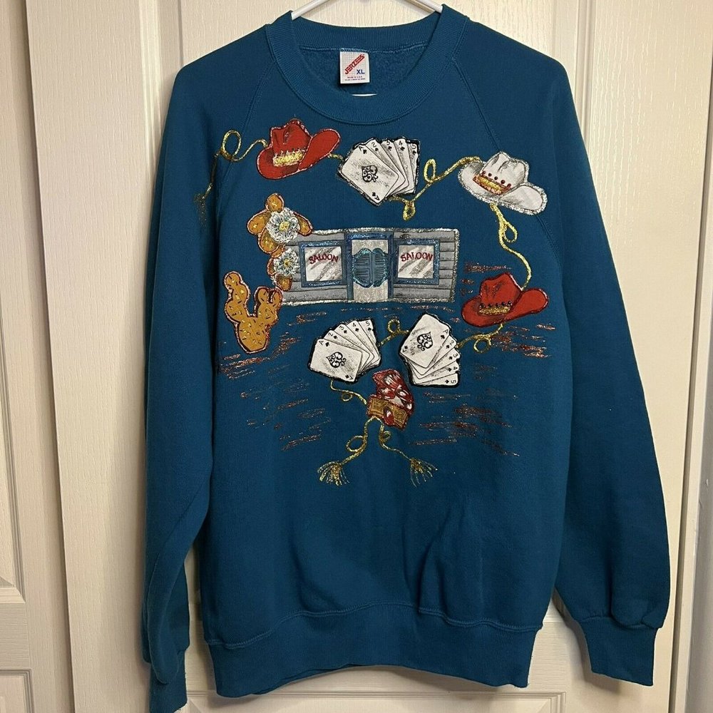 Jerzees  Vintage Made In USA  Casino Saloon Blue Crewneck Sweater Size XL